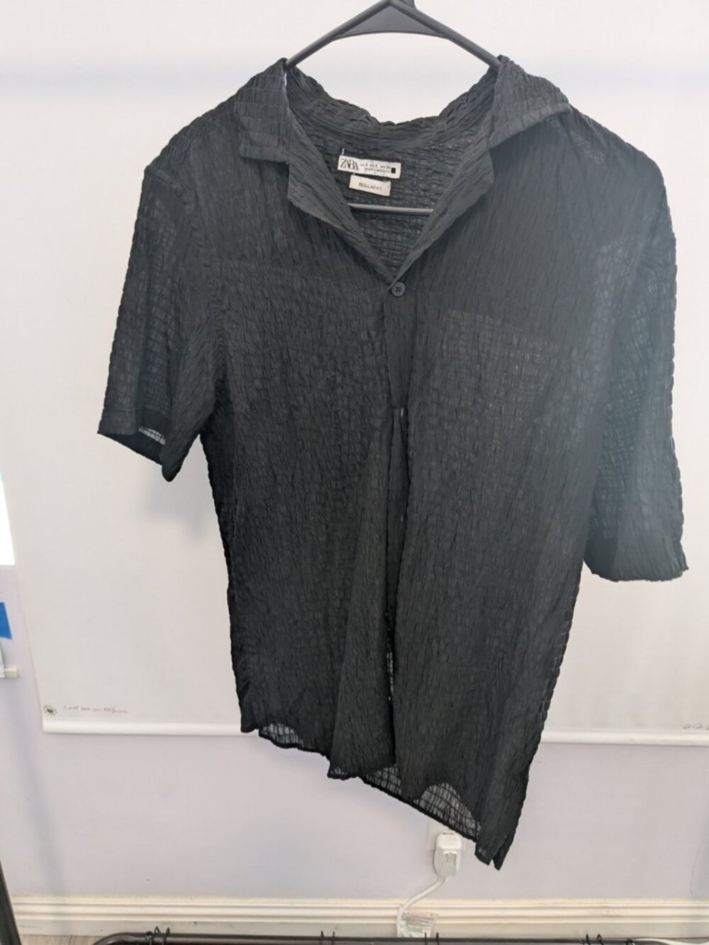 Zara Textured Camp Collar Short Sleeve Shirt Black S Regular Fit
